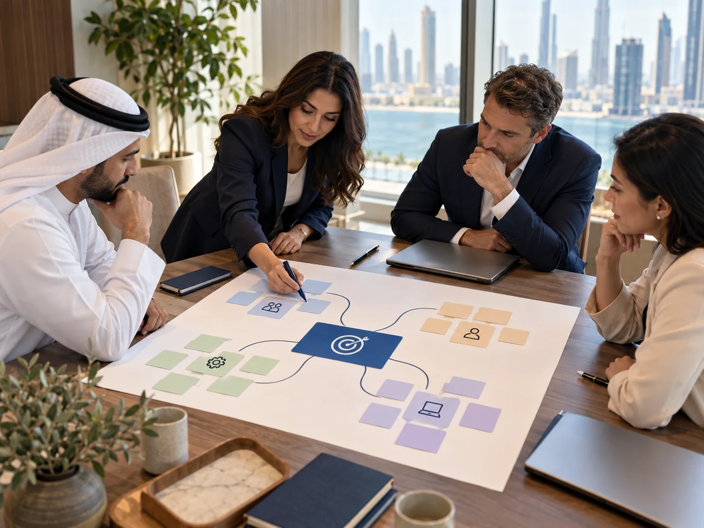 A company team mapping its strategy, people, processes and technology around a shared goal
